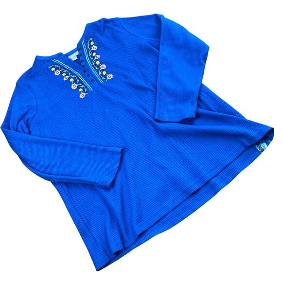 NWOT Woman Within 14-16 Blue Embroidered Thermal Waffle Knit Henley Cottage - Picture 8 of 8